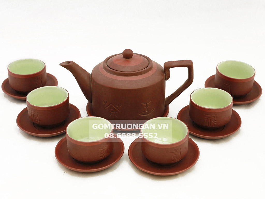Bộ ấm chén tử sa Bát Tràng tích nâu kẻ chỉ lòng xanh 1