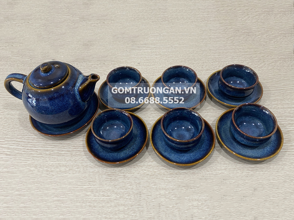 Bộ ấm chén Bát Tràng men hỏa biến dáng trống màu xanh M8 2