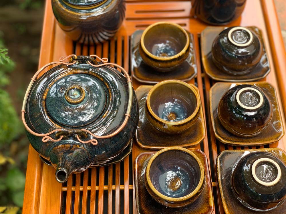 Bộ ấm ch&eacute;n B&aacute;t Tr&agrave;ng men hỏa biến hổ ph&aacute;ch d&aacute;ng Giang T&acirc;y - mặt trước