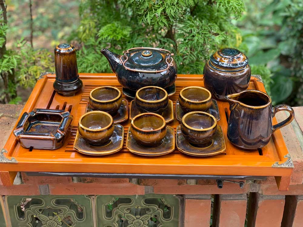 Bộ ấm chén Bát Tràng men hỏa biến hổ phách dáng Giang Tây 1
