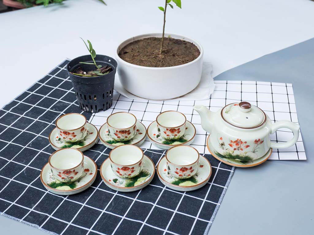 Bộ ấm chén Bát Tràng hướng thiện vẽ hoa sen đầy đủ phụ kiện 2