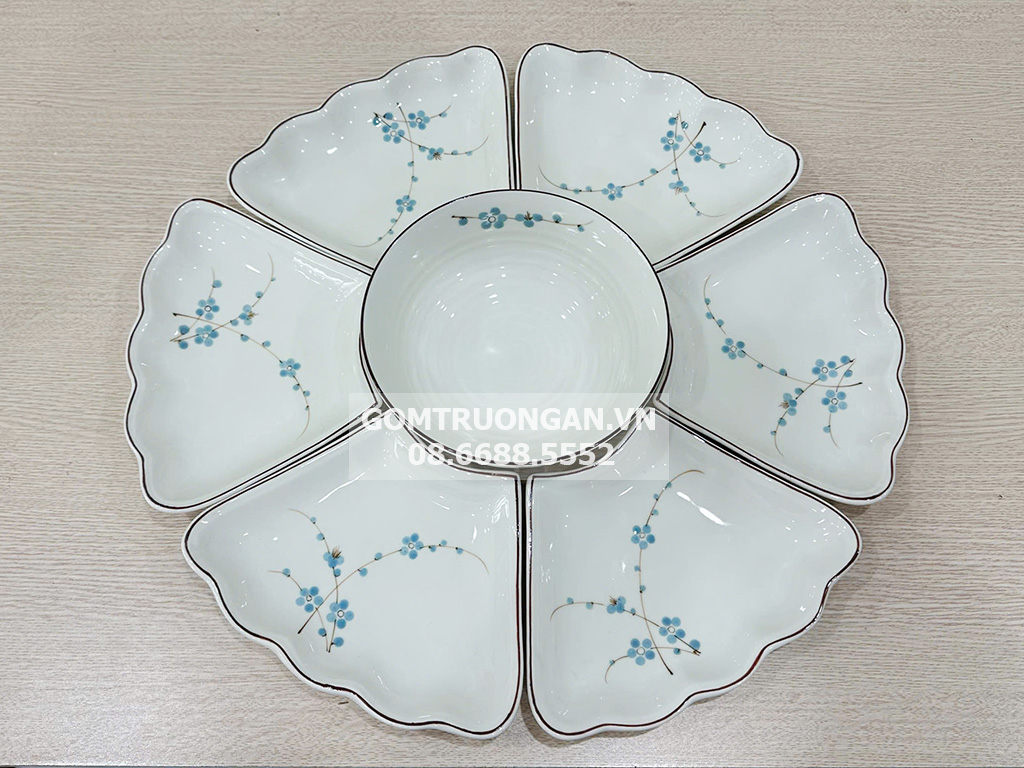 Bộ bát đĩa hoa mặt trời mâm cúng gia tiên đào xanh men kem 7 món 3