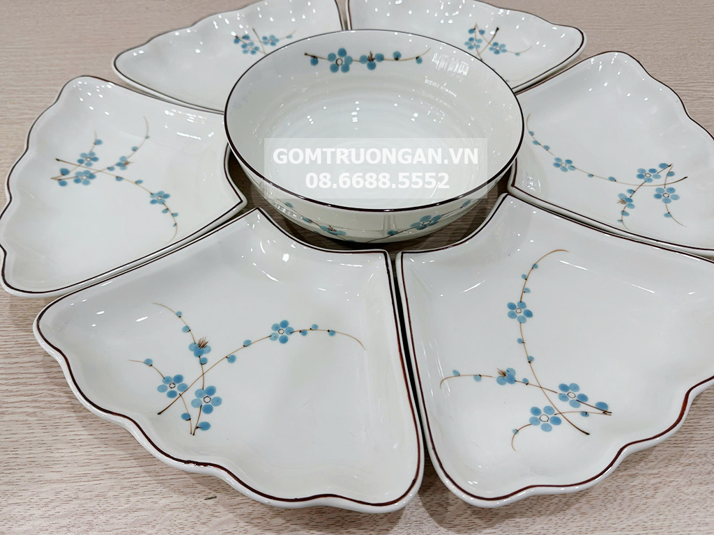 Bộ bát đĩa hoa mặt trời mâm cúng gia tiên đào xanh men kem 7 món 4