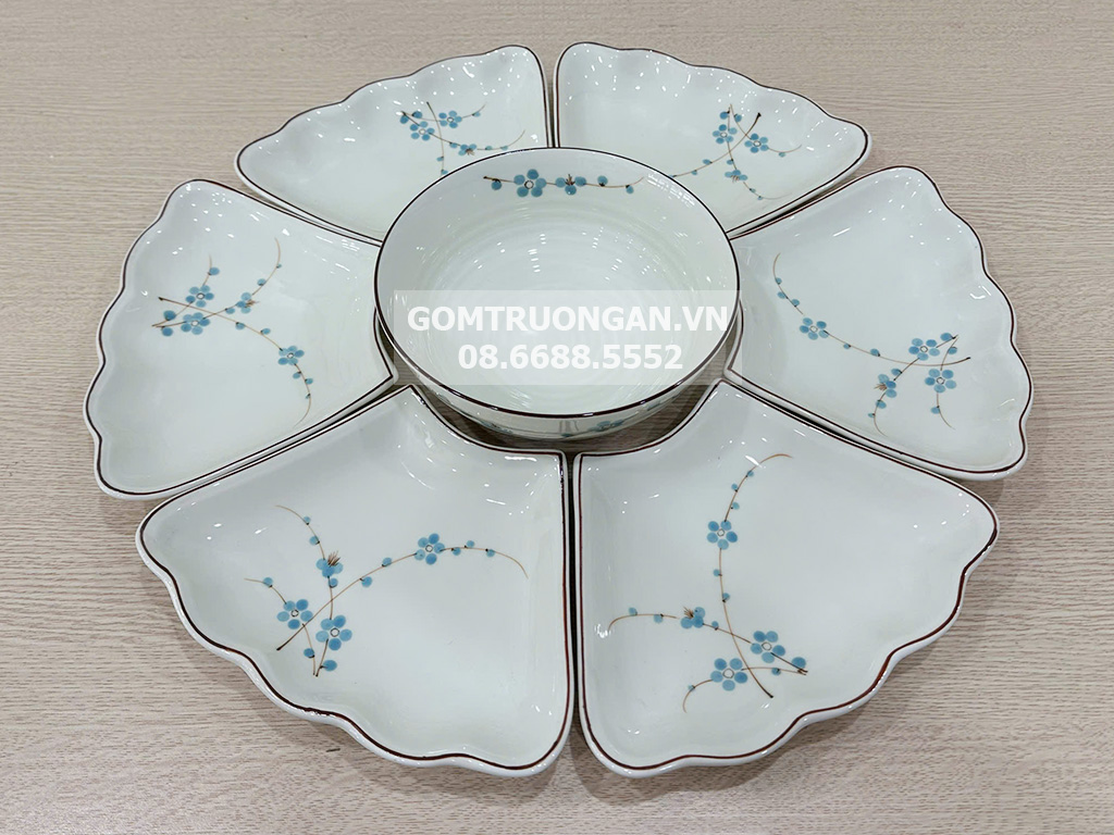 Bộ bát đĩa hoa mặt trời mâm cúng gia tiên đào xanh men kem 7 món 1