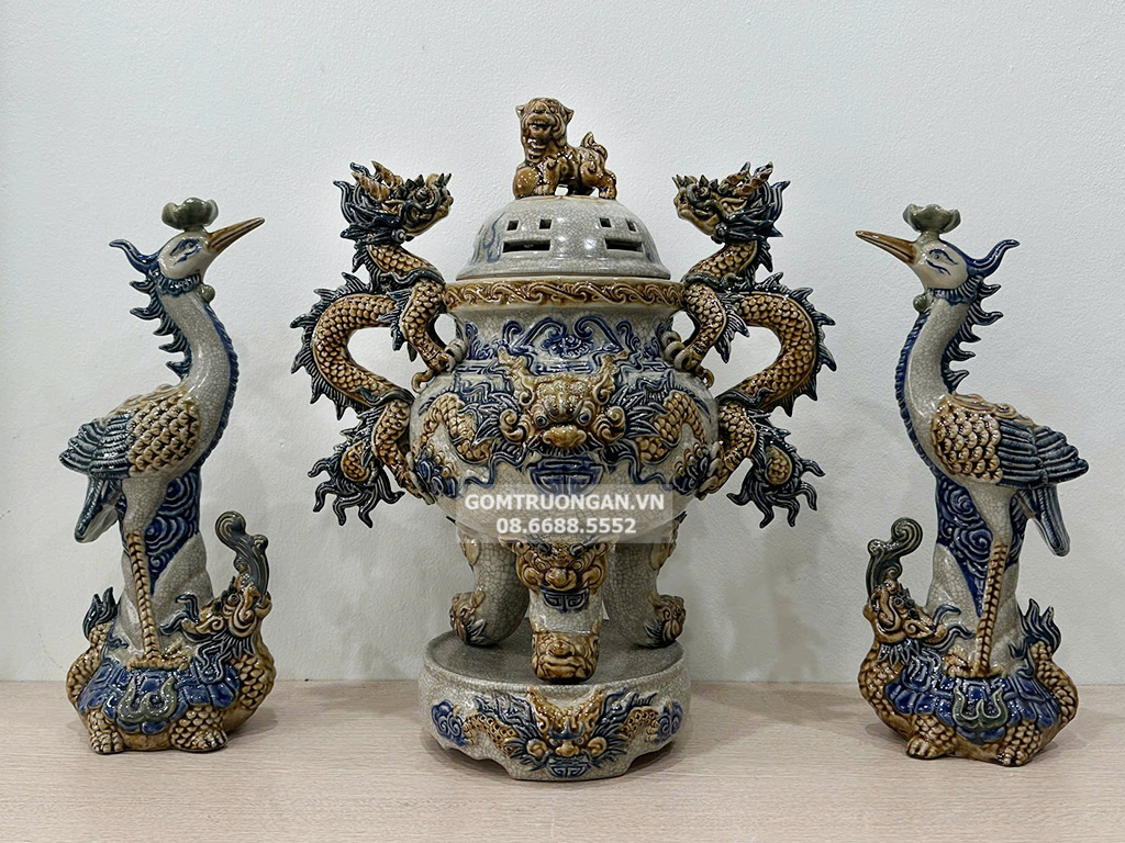 Bộ lư hương đỉnh hạc sứ Phúc Quý cao 43cm 1