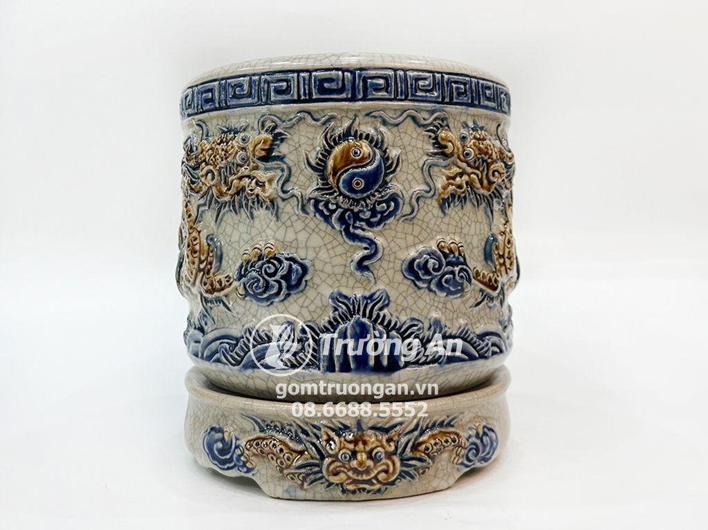 Bát hương men rạn nổi rồng Phúc Quý đường kính 16cm đế sứ 1