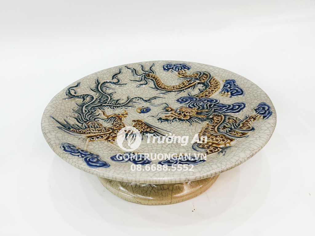 Mâm bồng men rạn nổi rồng phượng Phúc Quý 32cm 1