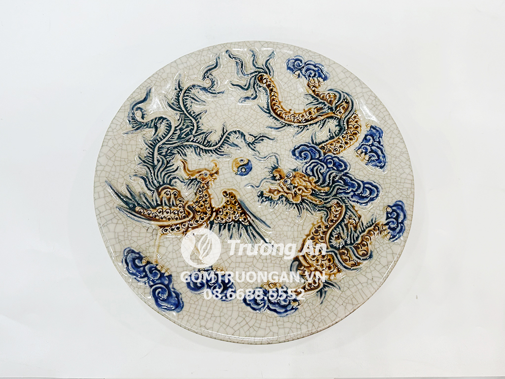 Mâm bồng men rạn nổi rồng phượng Phúc Quý 29cm 2