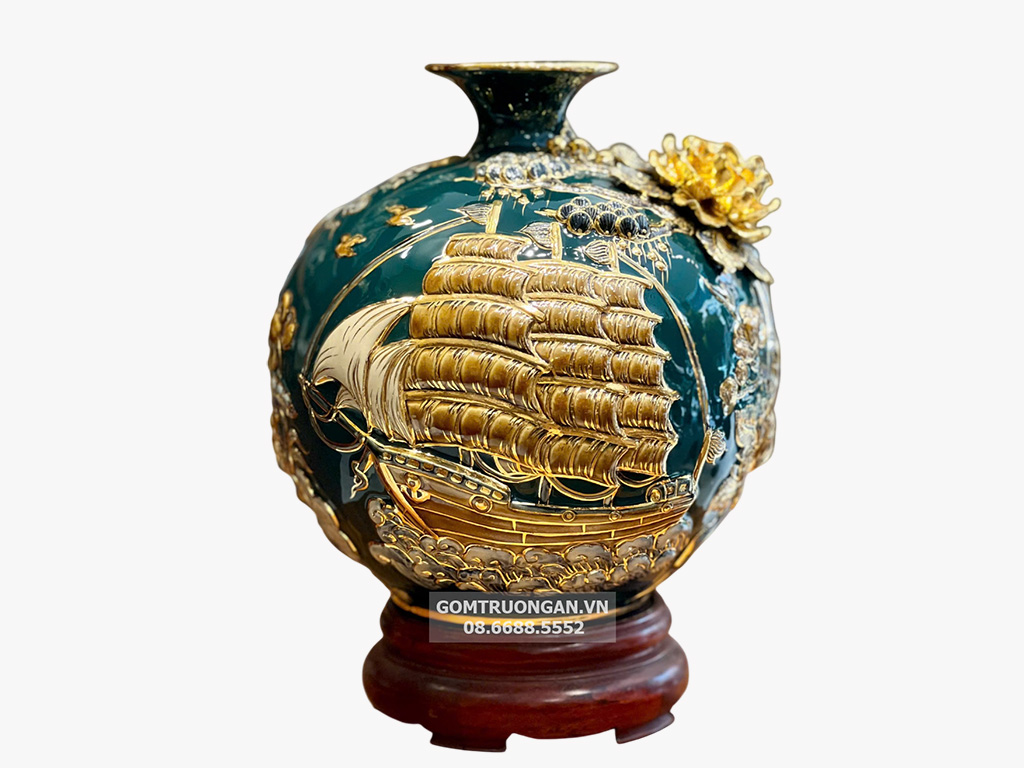 Bình hút lộc đắp nổi Mã Đáo Thành Công men xanh mallard 30cm vẽ vàng 1