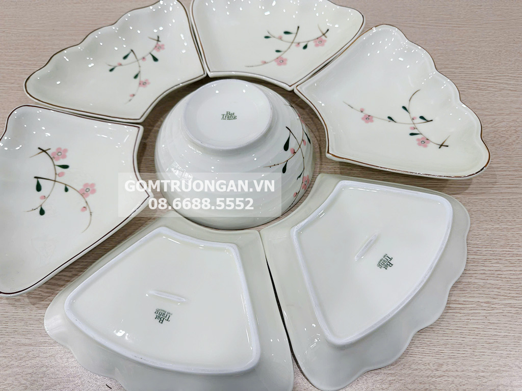 Bộ bát đĩa hoa mặt trời mâm cúng gia tiên đào hồng men kem 7 chi tiết 4