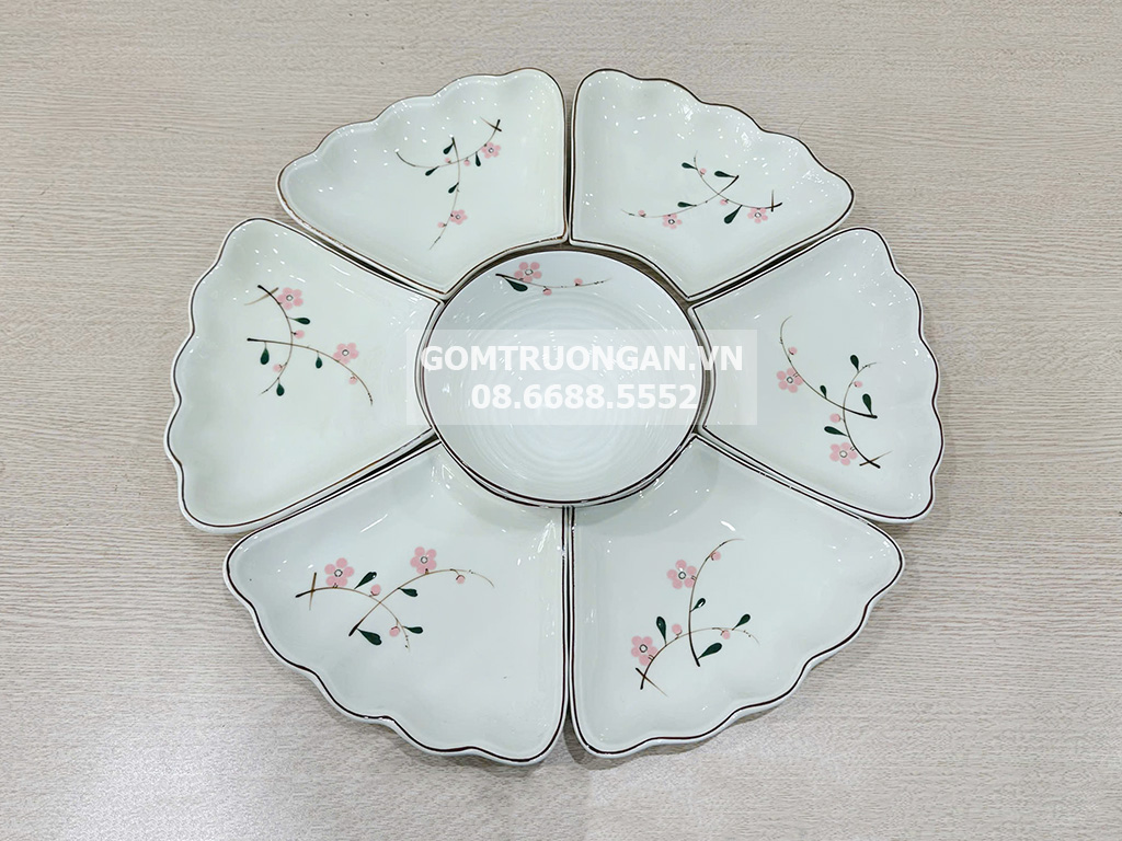 Bộ bát đĩa hoa mặt trời mâm cúng gia tiên đào hồng men kem 7 chi tiết 1