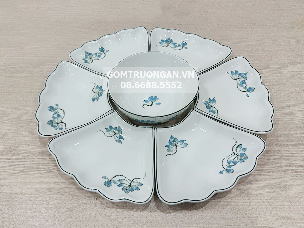 Bộ bát đĩa thắp hương hoa mặt trời men kem sen xanh 7 chi tiết 2
