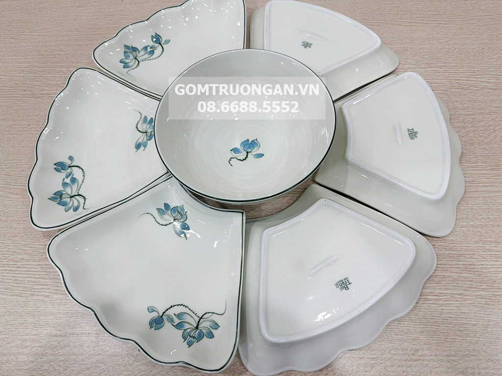 Bộ bát đĩa thắp hương hoa mặt trời men kem sen xanh 7 chi tiết 3