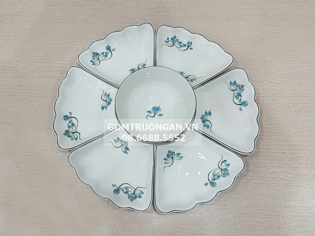 Bộ bát đĩa thắp hương hoa mặt trời men kem sen xanh 7 chi tiết 1