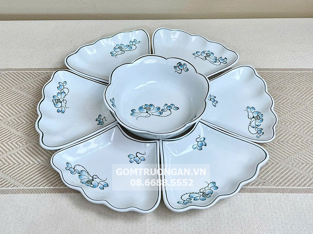 Bộ bát đĩa thắp hương hoa mặt trời men trắng sen xanh 7 chi tiết 55cm 1