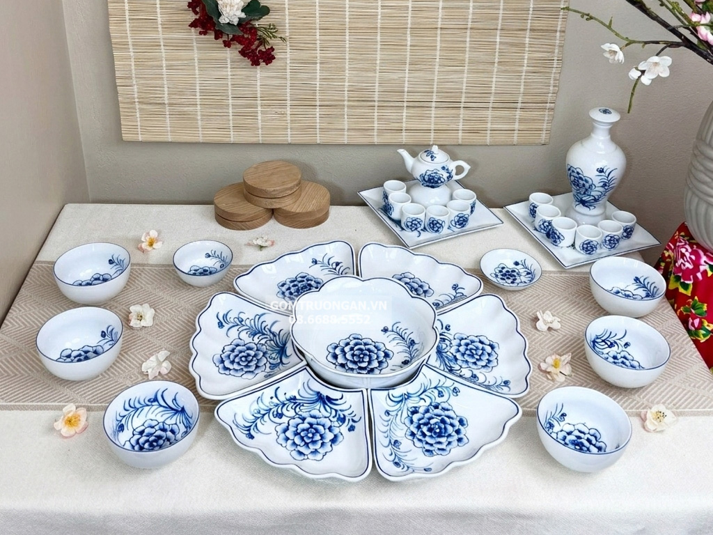 Bộ bát đĩa hoa mặt trời vẽ hoa Cẩm Tú Cầu cỡ to đầy đủ 1