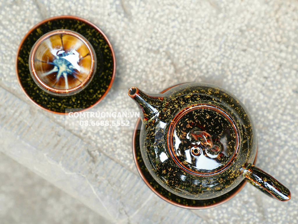 Bộ ấm chén Hoàng Kim Sa men hỏa biến Bát Tràng 6