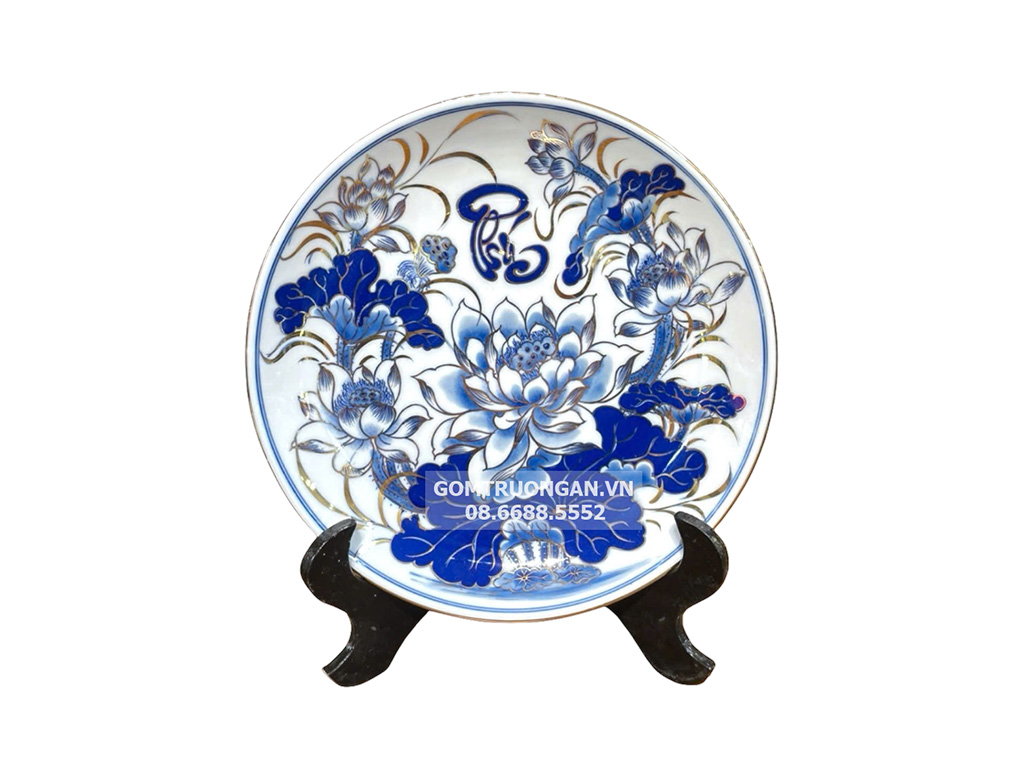 Mâm bồng men lam vẽ vàng Vạn Phúc Trường An 22cm 1