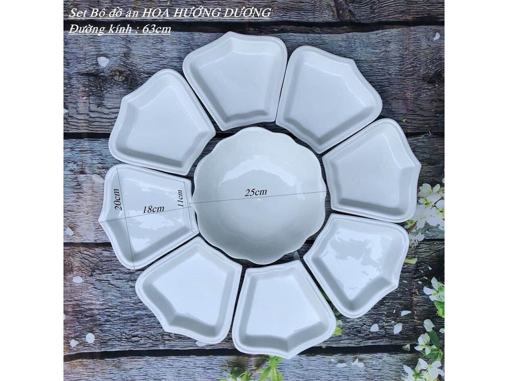 Bộ đĩa cánh hoa mặt trời men trắng trơn 10 người ăn - trắng
