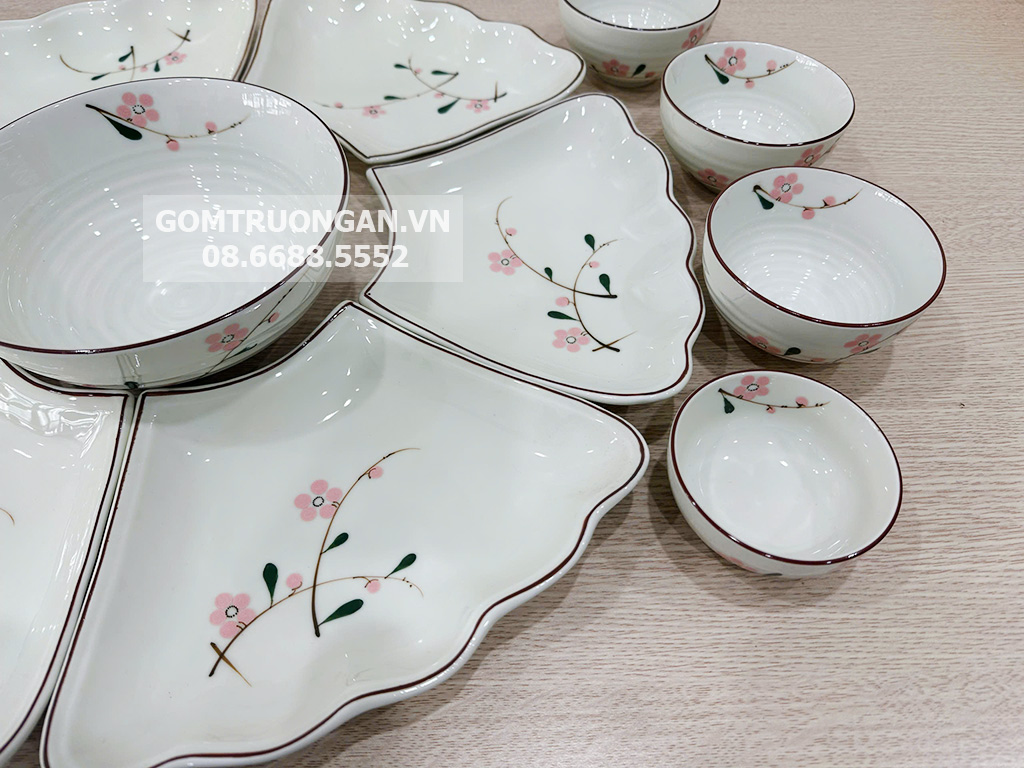 Bộ bát đĩa hoa mặt trời mâm cúng gia tiên đào hồng men kem 4