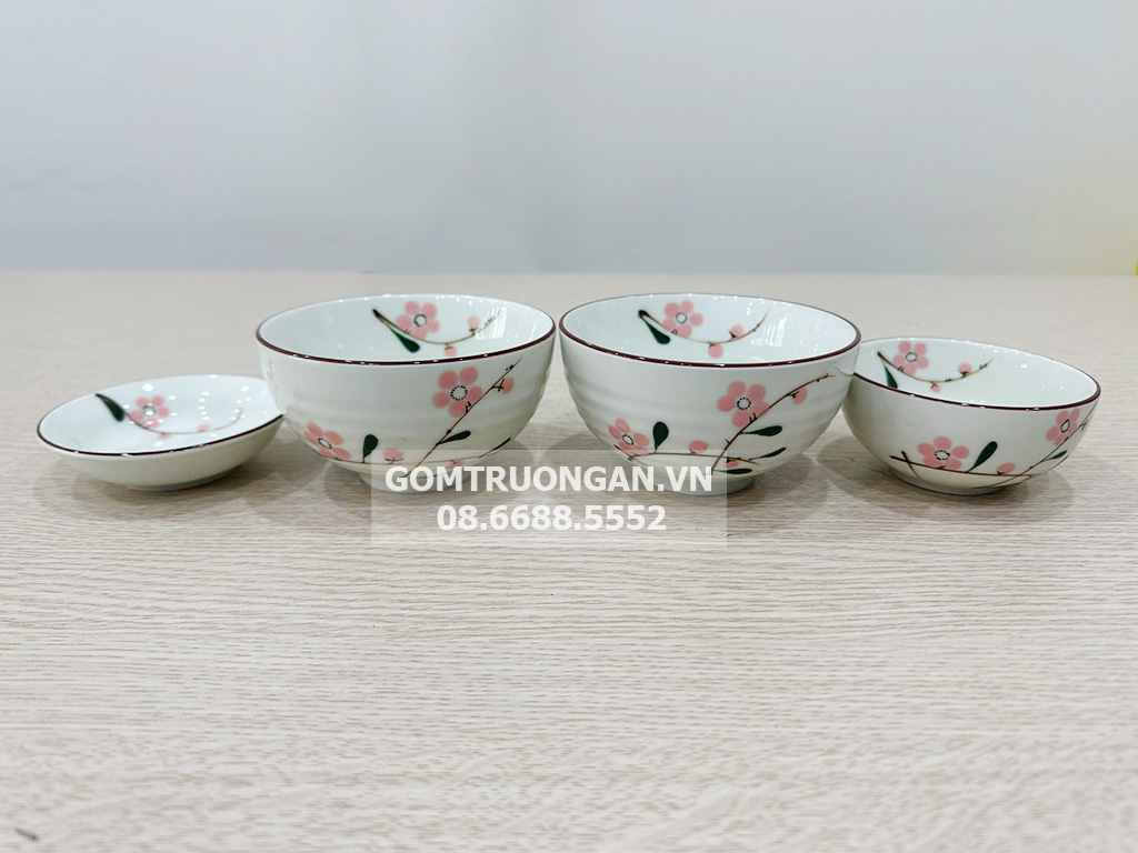 Bộ bát đĩa hoa mặt trời mâm cúng gia tiên đào hồng men kem 6