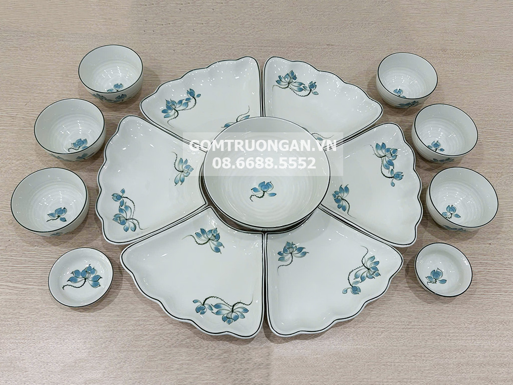 Bộ bát đĩa thắp hương hoa mặt trời mâm cúng gia tiên men kem sen xanh 2