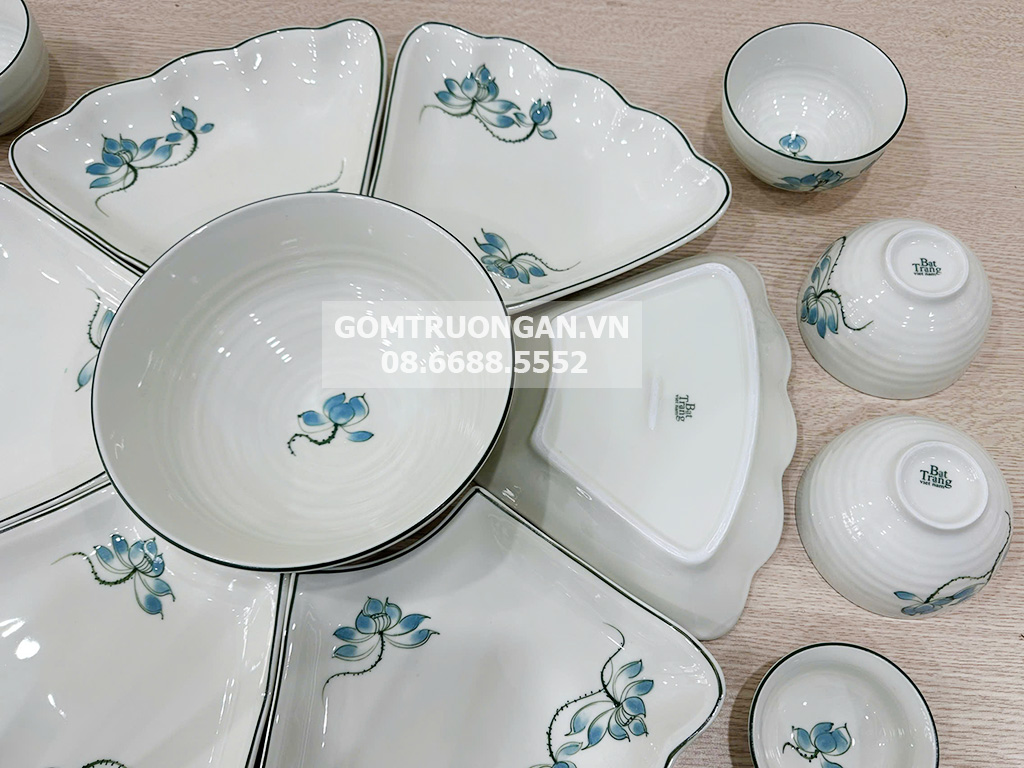 Bộ bát đĩa thắp hương hoa mặt trời mâm cúng gia tiên men kem sen xanh 3