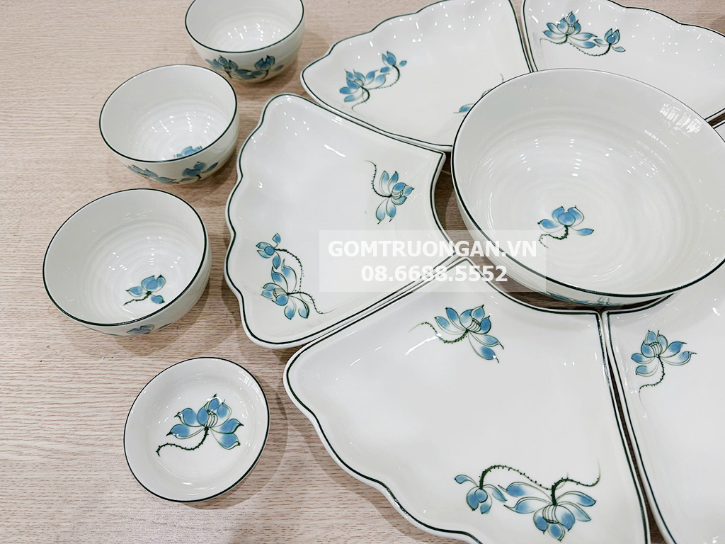 Bộ bát đĩa thắp hương hoa mặt trời mâm cúng gia tiên men kem sen xanh 4