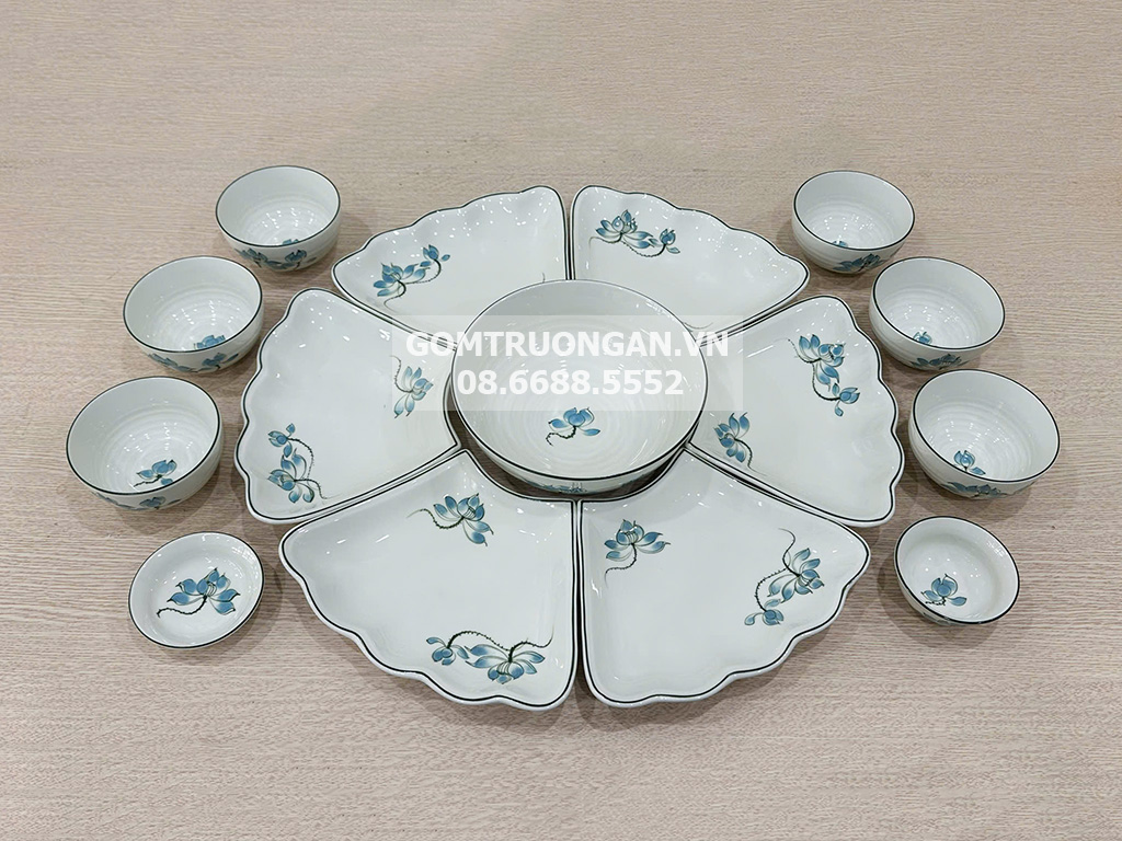 Bộ bát đĩa thắp hương hoa mặt trời mâm cúng gia tiên men kem sen xanh 1