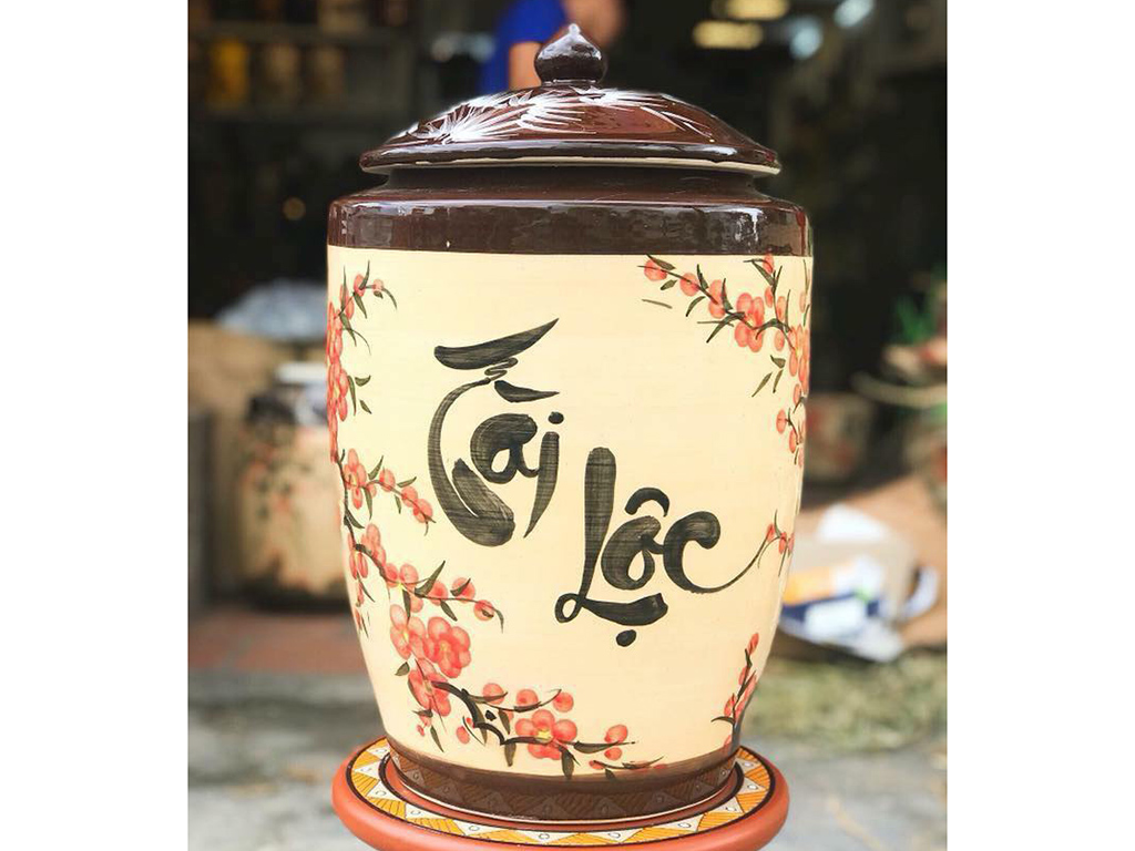 Hũ sứ đựng gạo tài lộc Bát Tràng vẽ hoa đào 15 kg 1