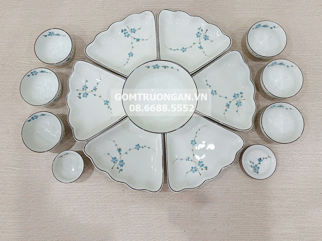 Bộ bát đĩa Bát Tràng men kem hoa mặt trời mâm cúng gia tiên đào xanh 55cm 7