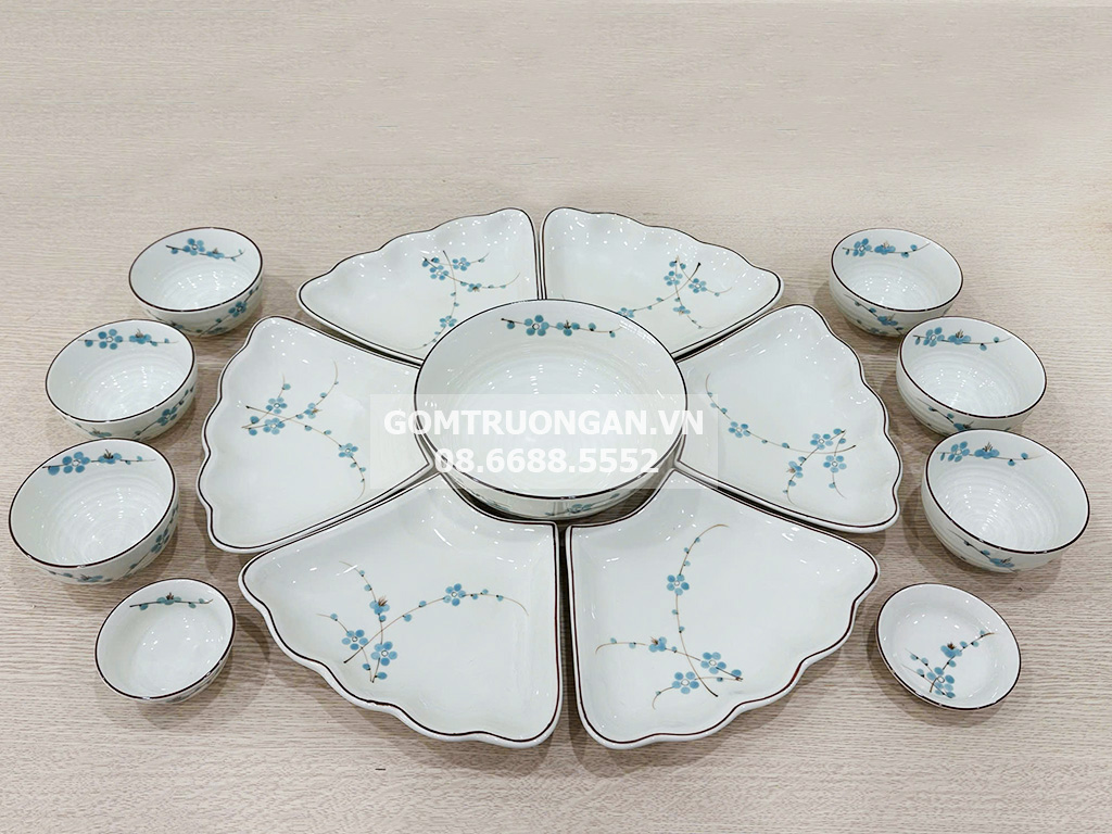 Bộ bát đĩa Bát Tràng men kem hoa mặt trời mâm cúng gia tiên đào xanh 55cm 2