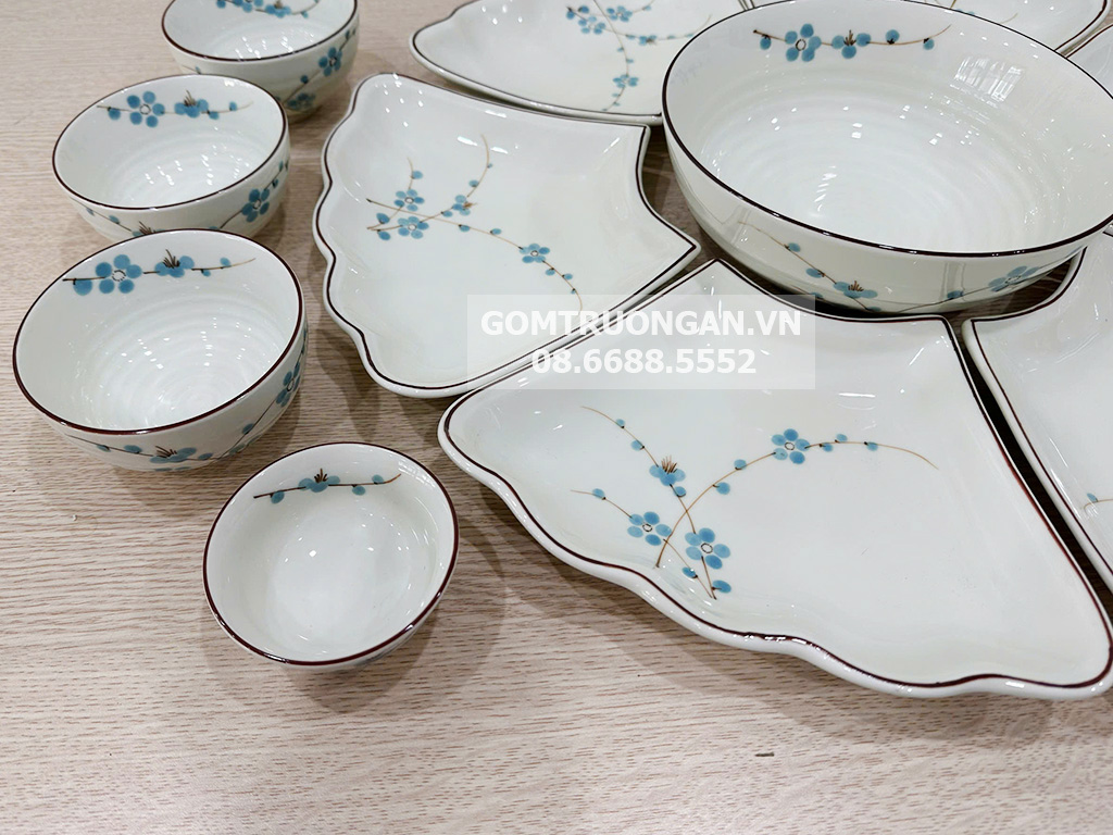 Bộ bát đĩa Bát Tràng men kem hoa mặt trời mâm cúng gia tiên đào xanh 55cm 4