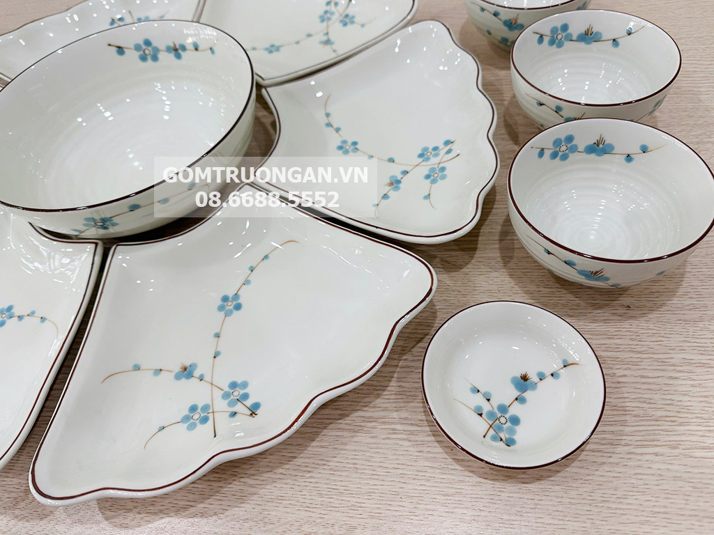 Bộ bát đĩa Bát Tràng men kem hoa mặt trời mâm cúng gia tiên đào xanh 55cm 5