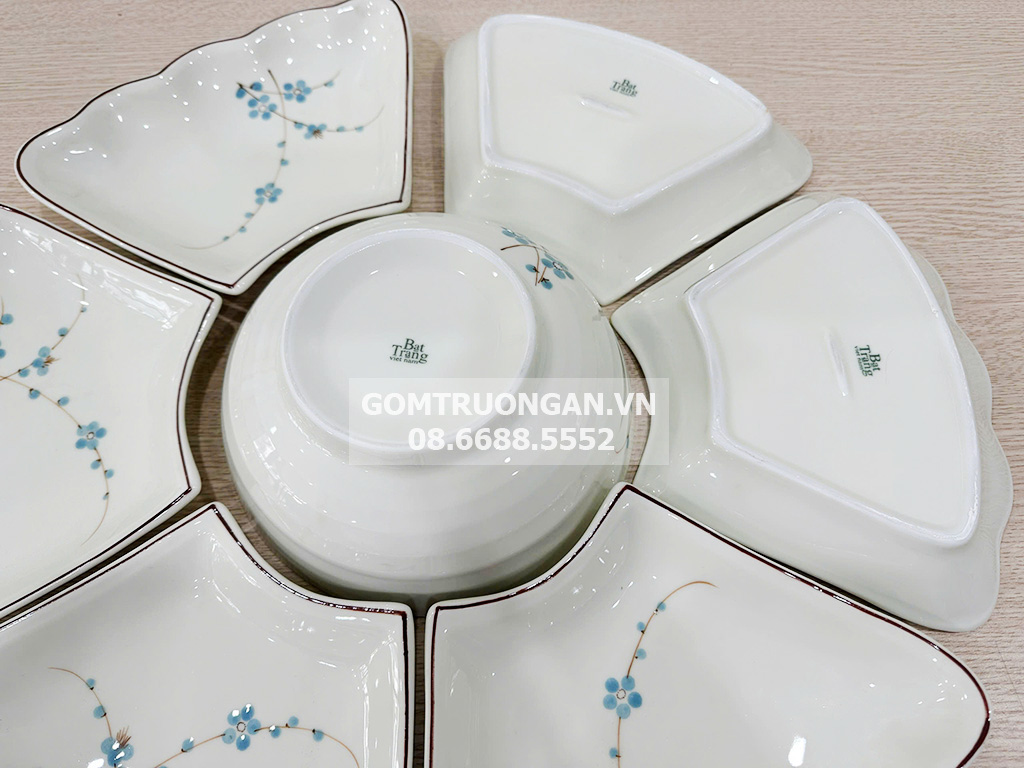 Bộ bát đĩa Bát Tràng men kem hoa mặt trời mâm cúng gia tiên đào xanh 55cm 6