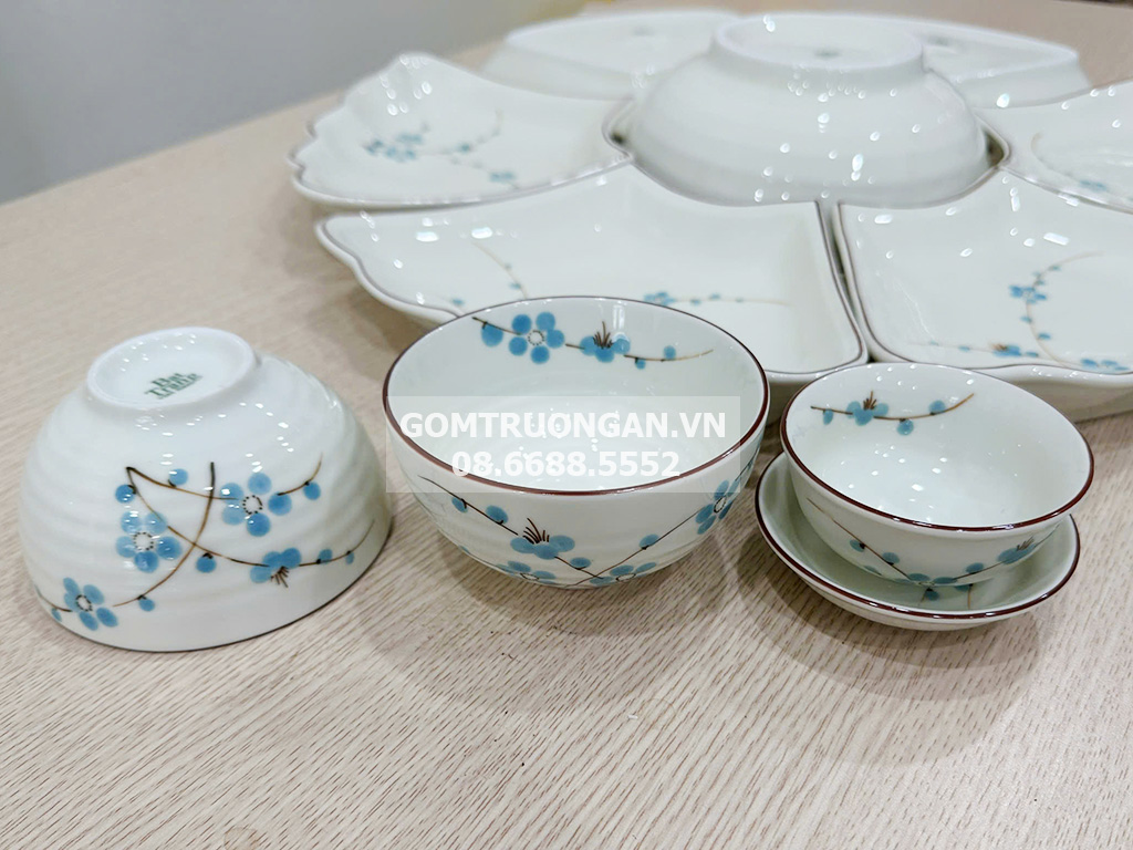 Bộ bát đĩa Bát Tràng men kem hoa mặt trời mâm cúng gia tiên đào xanh 55cm 3
