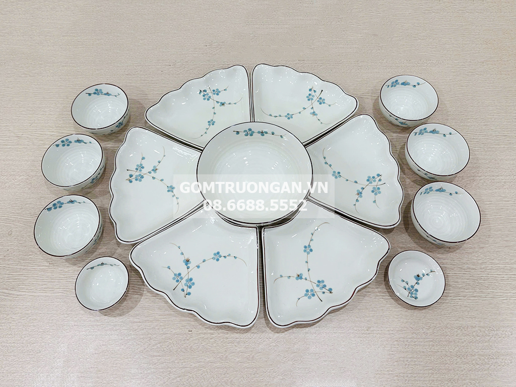 Bộ bát đĩa Bát Tràng men kem hoa mặt trời mâm cúng gia tiên đào xanh 55cm 1