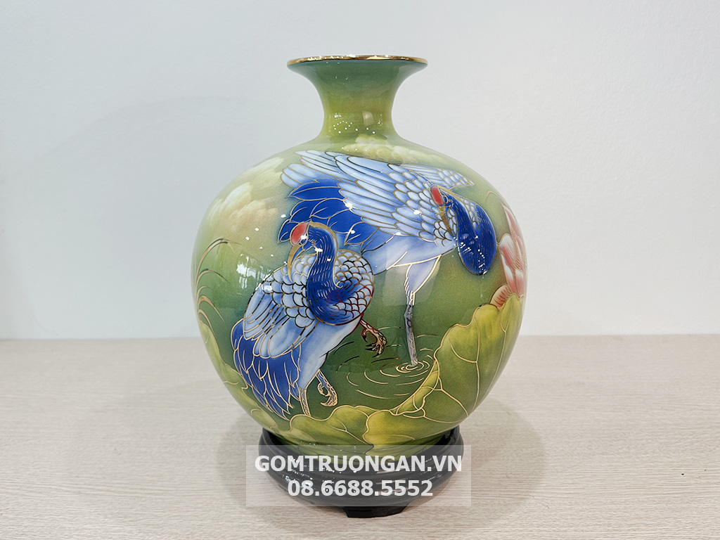 Bình hút tài lộc Bát Tràng vẽ vàng Sen Hạc phun 3D xanh ngọc 1