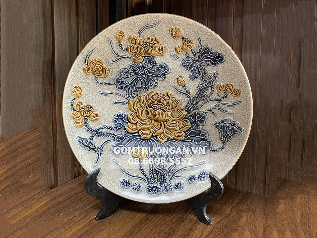 Mâm bồng men rạn nổi Hoa sen cao cấp Trường Xuân 23cm 1