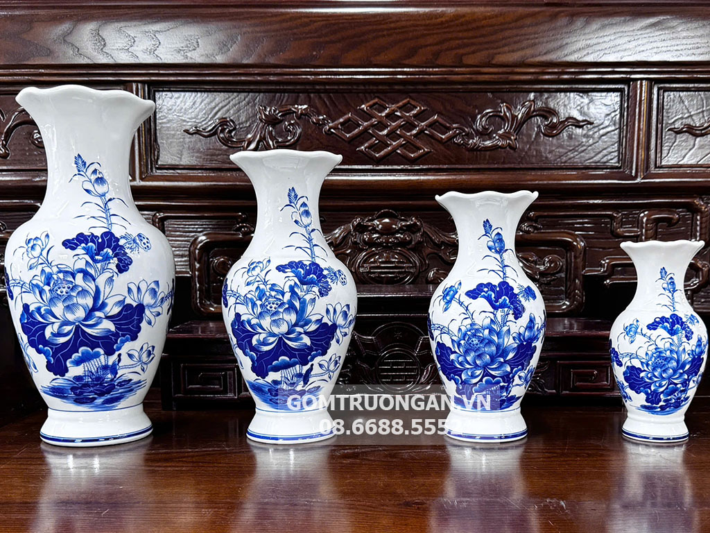 Lọ hoa bàn thờ miệng lượn men lam Vạn Phúc Trường An 35cm 1
