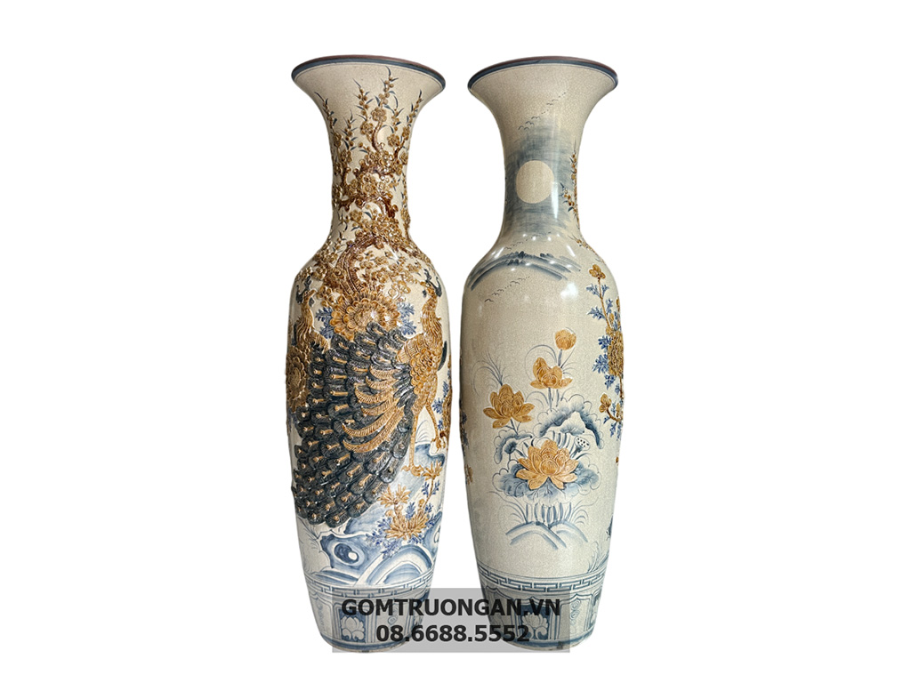 Lọ lộc bình Bát Tràng men rạn đắp nổi Công Danh Phúc Quý 1m6 4