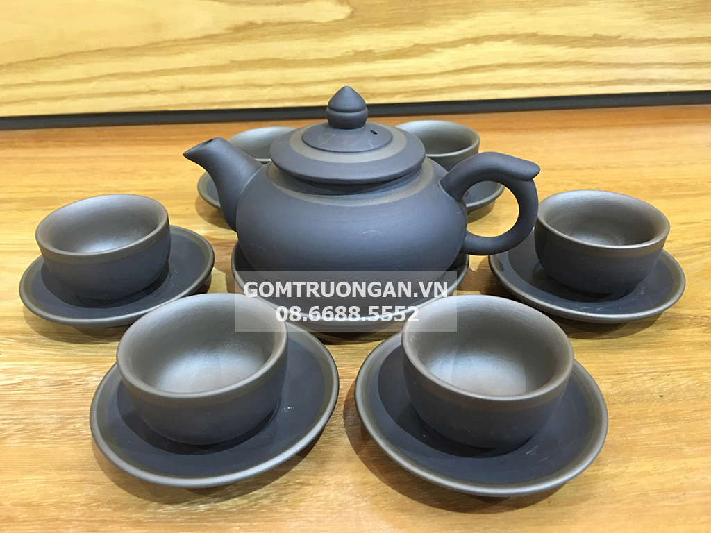 Bộ ấm chén tử sa chóp đen lòng chén không tráng men 1