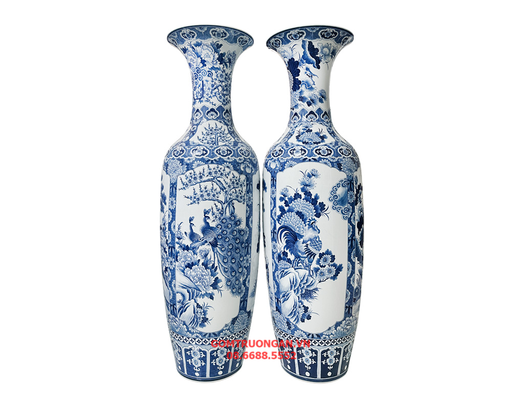 Lọ lục bình sứ Bát Tràng men lam hàng khử Tứ Quý vẽ kỹ 1m4 2