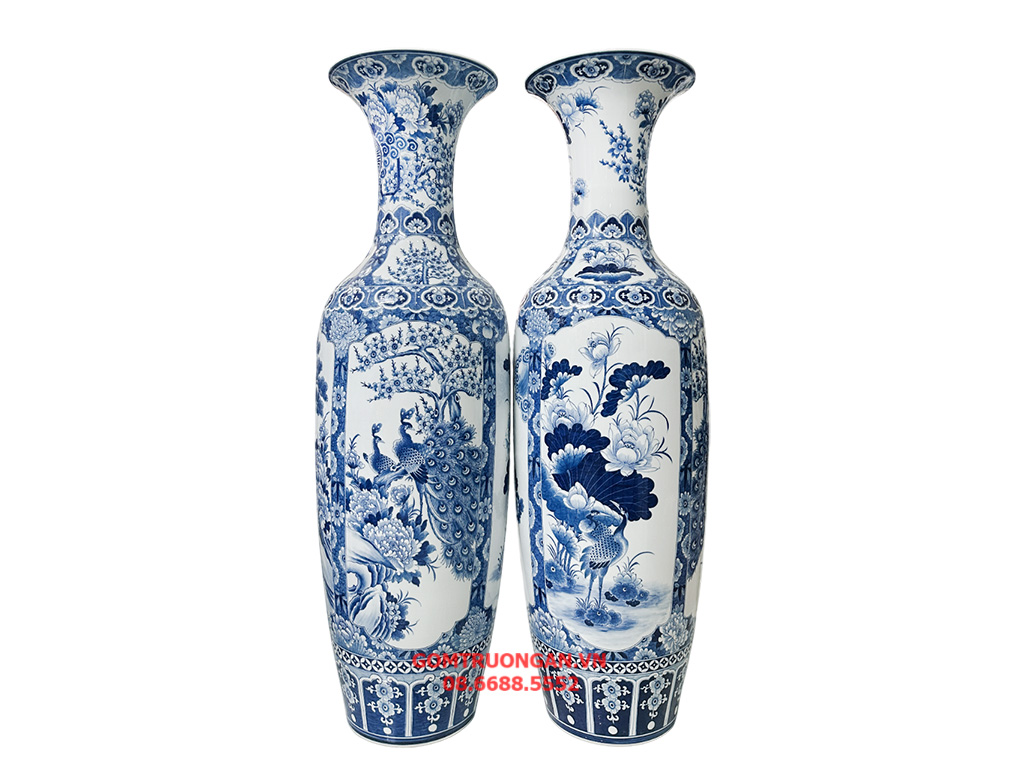 Lọ lục bình sứ Bát Tràng men lam hàng khử Tứ Quý vẽ kỹ 1m4 3