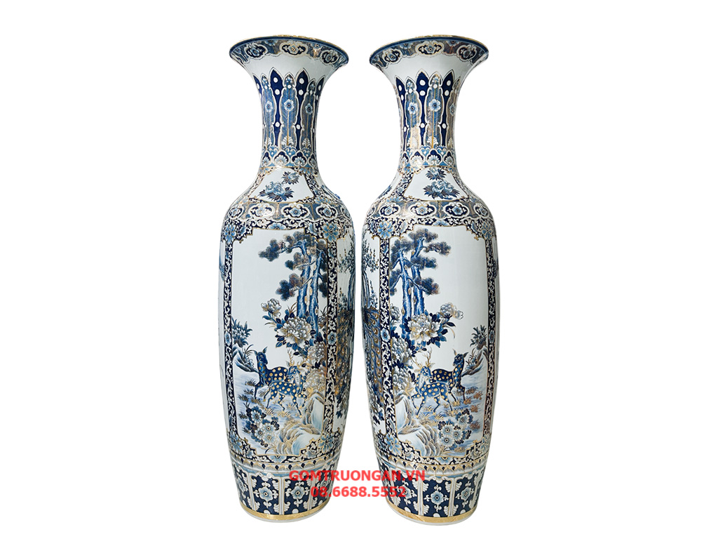 Lọ lục bình sứ Bát Tràng men lam hàng khử Tứ Quý vẽ vàng 24k 1m4 2