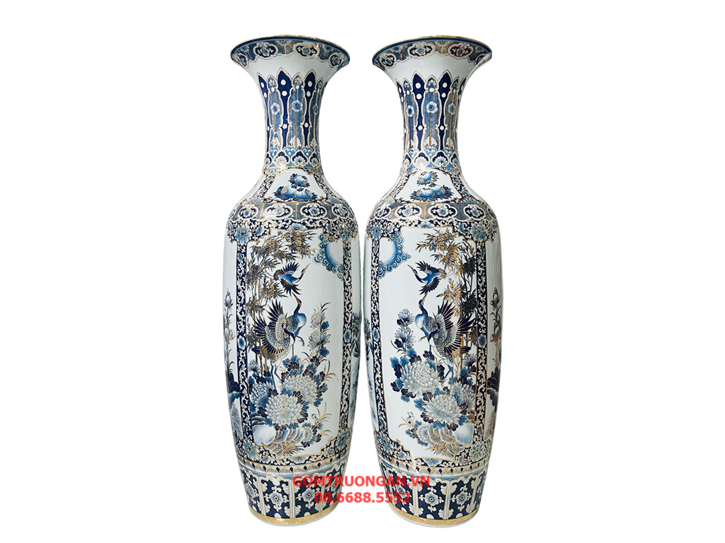 Lọ lục bình sứ Bát Tràng men lam hàng khử Tứ Quý vẽ vàng 24k 1m4 3