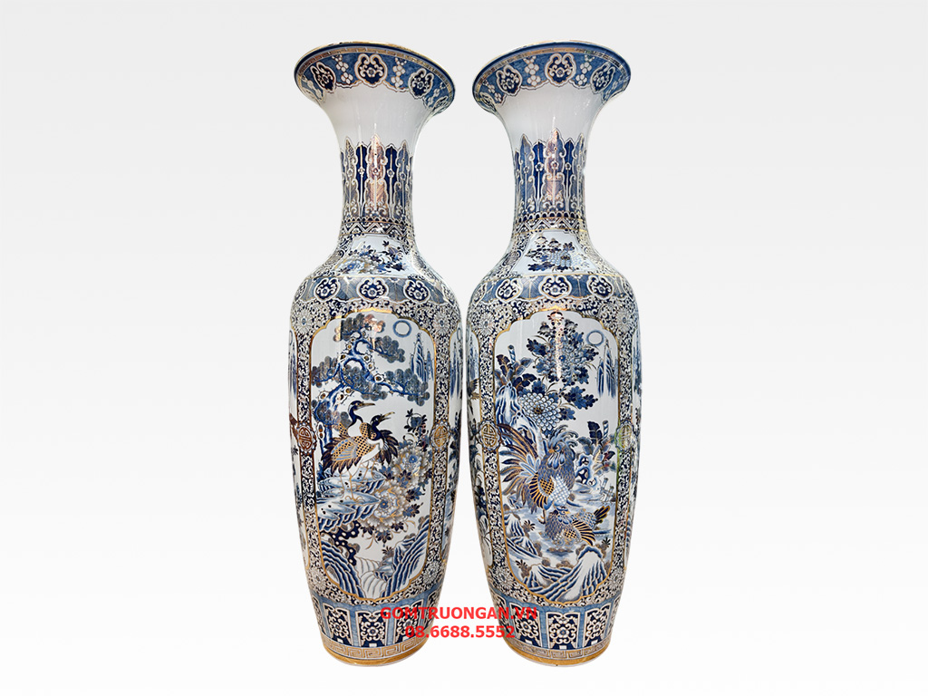 Lọ lục bình sứ Bát Tràng men lam hàng khử Tứ Quý vẽ vàng 24k 1m4 3