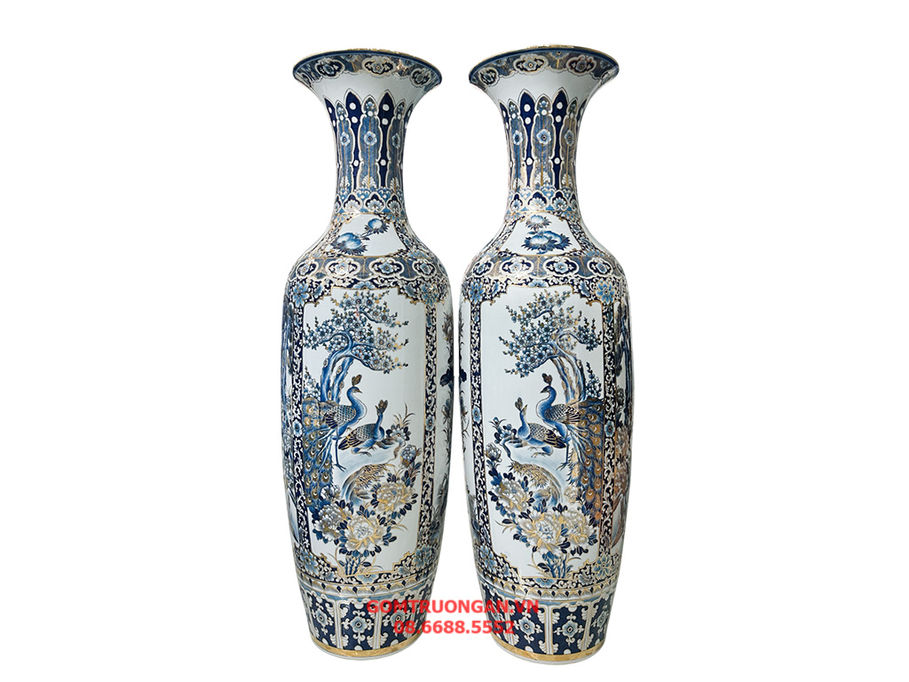 Lọ lục bình sứ Bát Tràng men lam hàng khử Tứ Quý vẽ vàng 24k 1m4 1