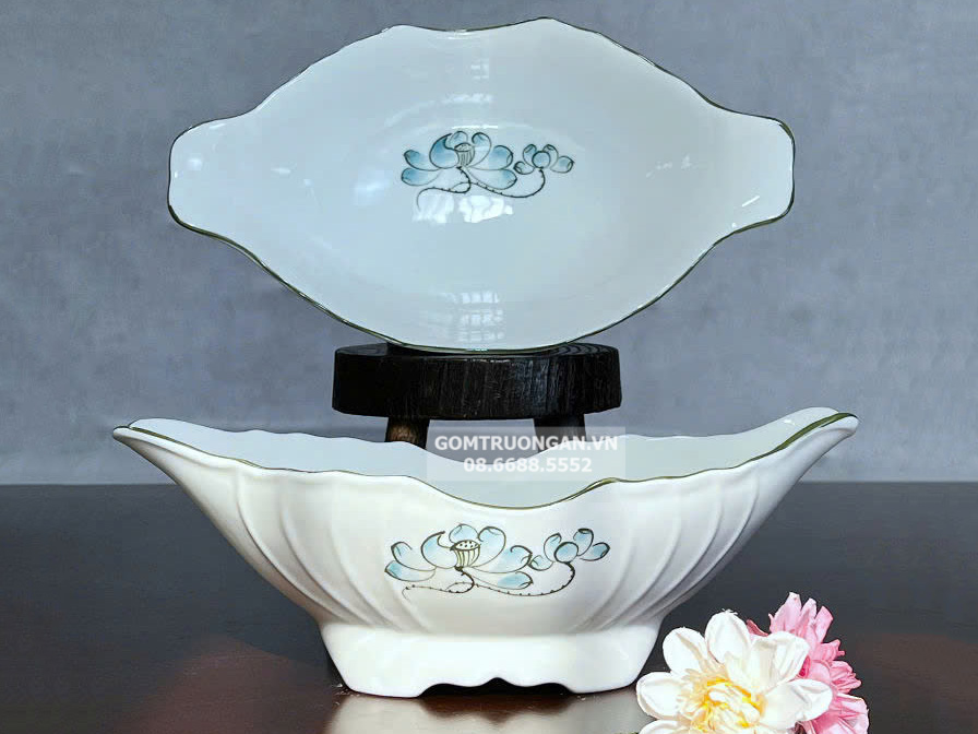 Bát đựng gà cúng vẽ sen xanh 1