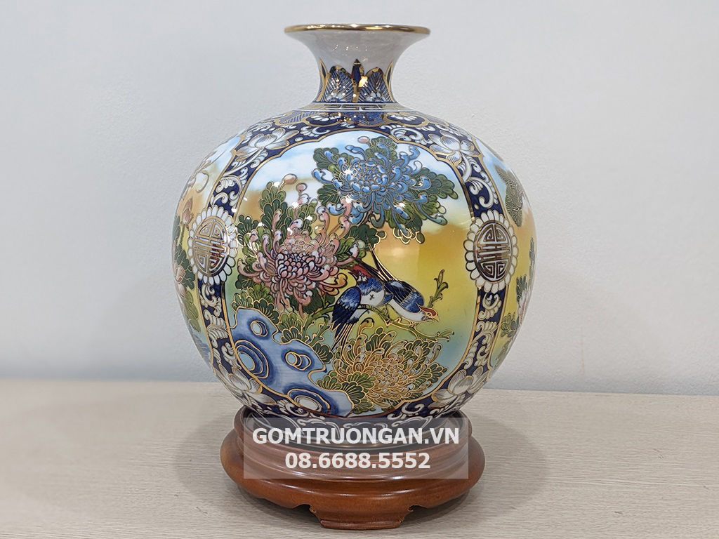 Bình hút tài lộc Bát Tràng vẽ vàng Tứ Quý 3D 30cm